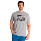 Remera gris de manga corta con cuello redondo y estampado frontal de un vehículo antiguo con el texto "No 77".