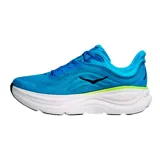 Championes de running Hoka modelo Bondi 9, color celeste con detalles en verde lima y suela blanca. Presentan diseño de malla transpirable y logo de la marca en el lateral.