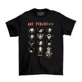Remera negra de algodón con estampa frontal que incluye el texto 'Los Piojos' y una serie de ilustraciones de personajes estilo caricatura.