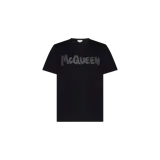 Remera negra Alexander McQueen de manga corta y cuello redondo, con el logo impreso en el pecho con efecto brillante.