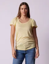 Remera tejida con estampado animal print, de manga corta con detalle de puntilla en las mangas y cuello redondo.