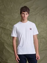 Remera gris de corte clásico con estampa artística en la espalda que representa capas geológicas coloridas y la palabra Biosphere.