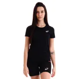 Remera deportiva Asics de mujer en color negro, de manga corta y cuello redondo, con el logo de la marca estampado en blanco en el pecho.
