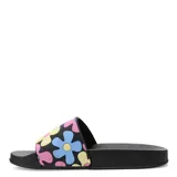 Sandalias tipo slide negras con estampado de flores en colores rosa, celeste y amarillo.