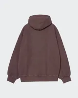 Sudadera con capucha Carhartt WIP modelo Hooded Vista Sweat, color gris oscuro con efecto lavado/desgastado. Presenta un bolsillo canguro frontal y un parche cuadrado con el logo de la marca en el pecho. La capucha tiene cordones ajustables y el interior de la misma parece tener un acolchado.