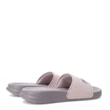 Sandalias tipo ojota Puma modelo Popcat 20, con base y suela en color lila y banda superior en color rosado con el logo de la marca en relieve.