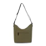Cartera bandolera gris de formato amplio, con correa larga regulable y desmontable con inscripciones. Cuenta con cierre superior, bolsillo frontal con cierre y detalle colgante de cordones, y un bolsillo trasero con cierre.