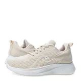Championes deportivos de mujer en color blanco, con detalles en turquesa y lila. Presentan un diseño de malla transpirable, cierre con cordones y suela con amortiguación.