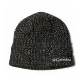 Gorro tipo beanie de tejido de punto grueso con efecto jaspeado en color negro y blanco. Presenta un diseño con doblez en el borde y el logo de la marca bordado en color blanco en la parte frontal.