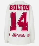 Buzo blanco de algodón con estampa frontal de East High Wildcats en rojo. Tiene cuello redondo y mangas largas con rayas rojas.