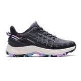 Championes de trekking y trail running Merrell modelo Marble W, con capellada tejida de punto gris, detalles en lila y celeste, entresuela de EVA y suela tricolor de goma.