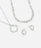 Conjunto de collar de cadena gruesa, collar con dije circular y aros con forma orgánica, todo en color plateado.