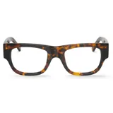 Lentes de lectura con armazón de acetato en estampado carey, de diseño cuadrado y estilo retro.
