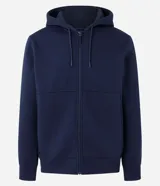 Buzo deportivo negro con capucha, cierre frontal con cremallera, bolsillos laterales y puños ajustados. Confeccionado en tejido de algodón y poliéster.