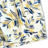 Short de baño con estampado botánico de hojas en tonos azules y verdes sobre fondo blanco. Cuenta con cintura elástica con cordón ajustable, tres bolsillos y malla interior hipoalergénica.