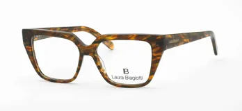 Armazón de anteojos Laura Biagiotti con diseño de marco completo en acetato con estampado carey en tonos marrones. Presenta una forma geométrica con líneas marcadas y logo de la marca grabado en la patilla.