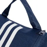 Bolso Adidas azul marino para championes, con logo y tres tiras blancas.