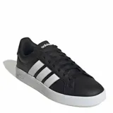 Championes urbanos Adidas modelo Grand Court Base 3.0, color negro con las icónicas tres tiras laterales en blanco y suela de goma blanca.