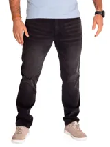 Jeans slim de corte ajustado en color gris oscuro con efecto deslavado, diseño de cinco bolsillos y un leve roto en la rodilla derecha.