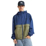 Campera Quiksilver Haya de diseño colorblock, con la parte superior en azul y la inferior en verde militar, separadas por una línea reflectante. Cuenta con capucha ajustable, cierre frontal completo y bolsillos laterales.