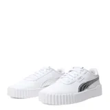 Championes Puma modelo Carina 3.0, de diseño urbano con plataforma. Presentan un acabado en color blanco con detalles metalizados en el logo lateral y la lengüeta.