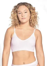 Soutien tipo top acanalado color blanco, con copas desmontables y breteles regulables. Presenta ribetes en escote y contorno.