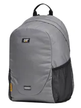 Mochila gris Caterpillar modelo Tokyo Urban Backpack, fabricada en poliéster. Cuenta con compartimento principal, bolsillos laterales de malla negra, asa superior y detalles de la marca en color amarillo y negro.