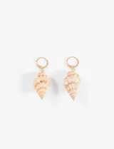 Par de aros colgantes con argollas plateadas y dije de concha marina natural con detalles en marrón.