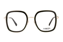 Lentes de receta Lancel con armazón cuadrado de estilo moderno, combinando un borde frontal en color negro con detalles en metal dorado en el puente y las varillas.