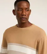 Suéter de punto color beige con bloques de color marrón, blanco y beige claro. Tiene cuello redondo y mangas largas.