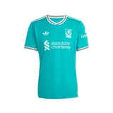Camiseta de fútbol Adidas del Liverpool FC, modelo tercera equipación temporada 25/26. Diseño verde con rayas verticales en el mismo tono, cuello redondo y escudo vintage del club.