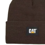 Gorro beanie Caterpillar de punto acanalado color negro, con vuelta y parche frontal de goma con el logo de la marca.