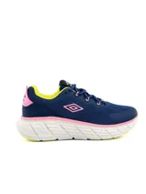 Championes de running Umbro Emma para mujer, de color azul marino con detalles en rosado, amarillo y suela blanca.