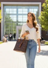 Cartera tipo tote de gran capacidad, con estampado monograma en tonos marrones y detalle de borla decorativa. Cuenta con doble asa de hombro y estructura rígida.