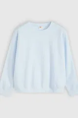 Buzo celeste de cuello redondo, mangas largas con puños elastizados y calce relajado.