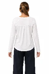 Remera de manga larga color blanco, con cuello redondo y detalle de costuras en contraste en la parte superior de los hombros.