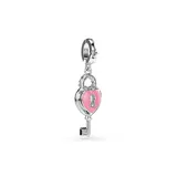 Charm colgante con diseño de candado en forma de corazón y llave integrada, bañado en rodio y decorado con cristales de zirconia cúbica.