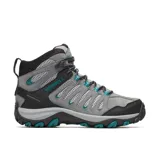 Bota de senderismo Merrell modelo Crosslander 3 Mid Wp, color gris con detalles en negro y turquesa. Confeccionada en gamuza y malla transpirable, cuenta con membrana impermeable, puntera protectora y suela de goma con tracción.