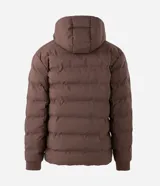 Campera puffer deportiva Get Over, color negro, con diseño sin costuras, cierre frontal por cremallera y capucha con cordón ajustable. Presenta puños elásticos y diseño acolchado.