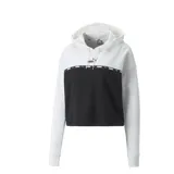 Buzo Puma de mujer con capucha, corte cuadrado y relajado, diseño bicolor blanco y negro con logo Puma estampado en el pecho.