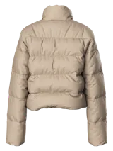 Campera puffer corta de manga larga con cuello alto, cierre frontal oculto y diseño acolchado.