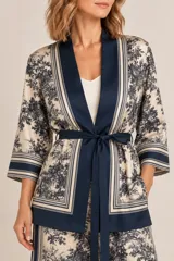 Kimono de seda liviano con estampa estilo toile de Jouy en tonos beige y azul marino, con detalles de listas en solapa, puños y ruedo. Cuenta con mangas 3/4 y lazo ajustable en la cintura.