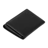 Billetera de cuero plegable color negro, con compartimento de malla, ranuras para tarjetas y logotipo de la marca grabado en la esquina inferior.