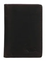 Billetera tipo bifold de cuero natural color marrón oscuro con textura mate. Presenta un diseño minimalista con costuras perimetrales y el logo de la marca grabado en relieve en la esquina inferior derecha.