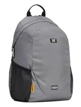 Mochila gris Caterpillar modelo Tokyo Urban Backpack, fabricada en poliéster. Cuenta con compartimento principal, bolsillos laterales de malla negra, asa superior y detalles de la marca en color amarillo y negro.