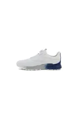 Championes de golf para hombre modelo ECCO M S-Three en color blanco con detalles en azul. Fabricados en cuero premium con tecnología GORE-TEX para impermeabilidad, presentan un sistema de ajuste BOA con dial en la lengüeta y suela híbrida E-DTS® para mayor tracción.