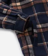 Campera tipo trucker de franela con estampado de cuadros, cuello inglés, cierre frontal con botones, bolsillos con solapa en el pecho y bolsillos laterales. Cuenta con forro interno de sherpa para mayor calidez.