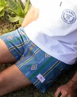 Short de baño azul con estampado geométrico en tonos marrón, verde y amarillo. Tiene cintura elástica con cordón ajustable.