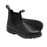 Botas Chelsea Blundstone negras de cuero resistente al agua, con laterales elásticos negros, suela de TPU duradera, entresuela acolchada, sistema SPS Max Comfort y plantilla extraíble.