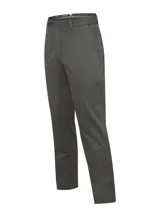 Pantalón chino de algodón color gris oscuro, con cierre de botón y cremallera, y bolsillos laterales.